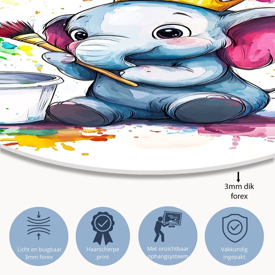 Schattige babyolifant met kleuren - Olifant wanddecoratie rond - Rond kunstwerk dieren - Aquarel - Forex kunstwerk cirkel - Metalen wanddecoratie - Muurcirkel forex 80x80 cm