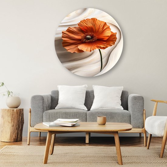 Gedetailleerde oranje papaverbloem - Bloem schilderij rond - Wandschalen papaver - Hyperrealisme - Muurcirkel Forex - Muurkunst aanbrengen - Muurcirkel forex 80x80 cm