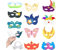 JGS Premium - Set van 12 Witte Schildermaskers voor Kinderen - Verfmaskers voor Knutselen en Verkleedpartijen - Kids Maskers voor Themafeestjes