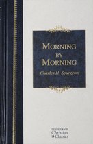 Boekomslag van 'Morning by Morning' door Charles H. Spurgeon, met een donkerblauwe kaft en gouden versieringen.