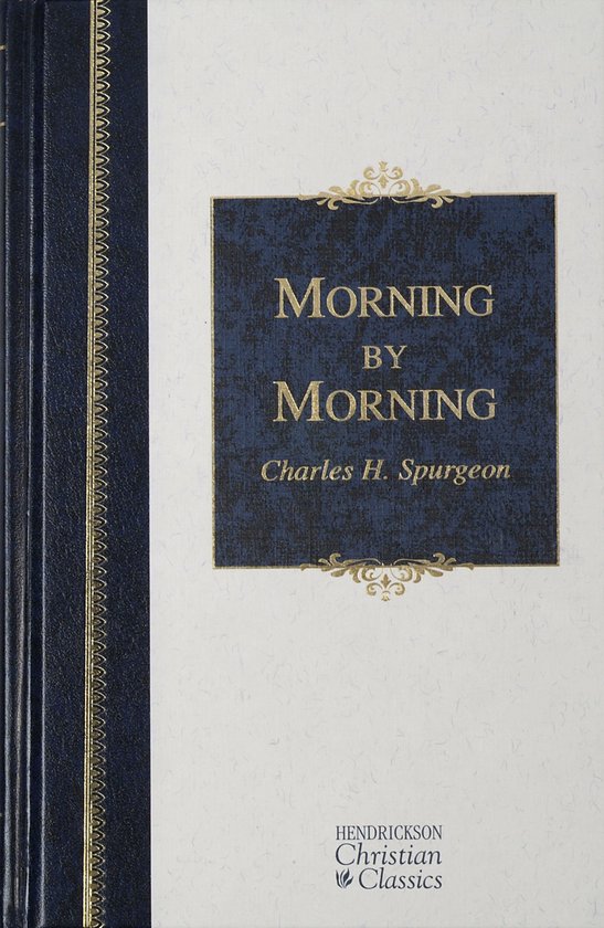 Boekomslag van 'Morning by Morning' door Charles H. Spurgeon, met een donkerblauwe kaft en gouden versieringen.