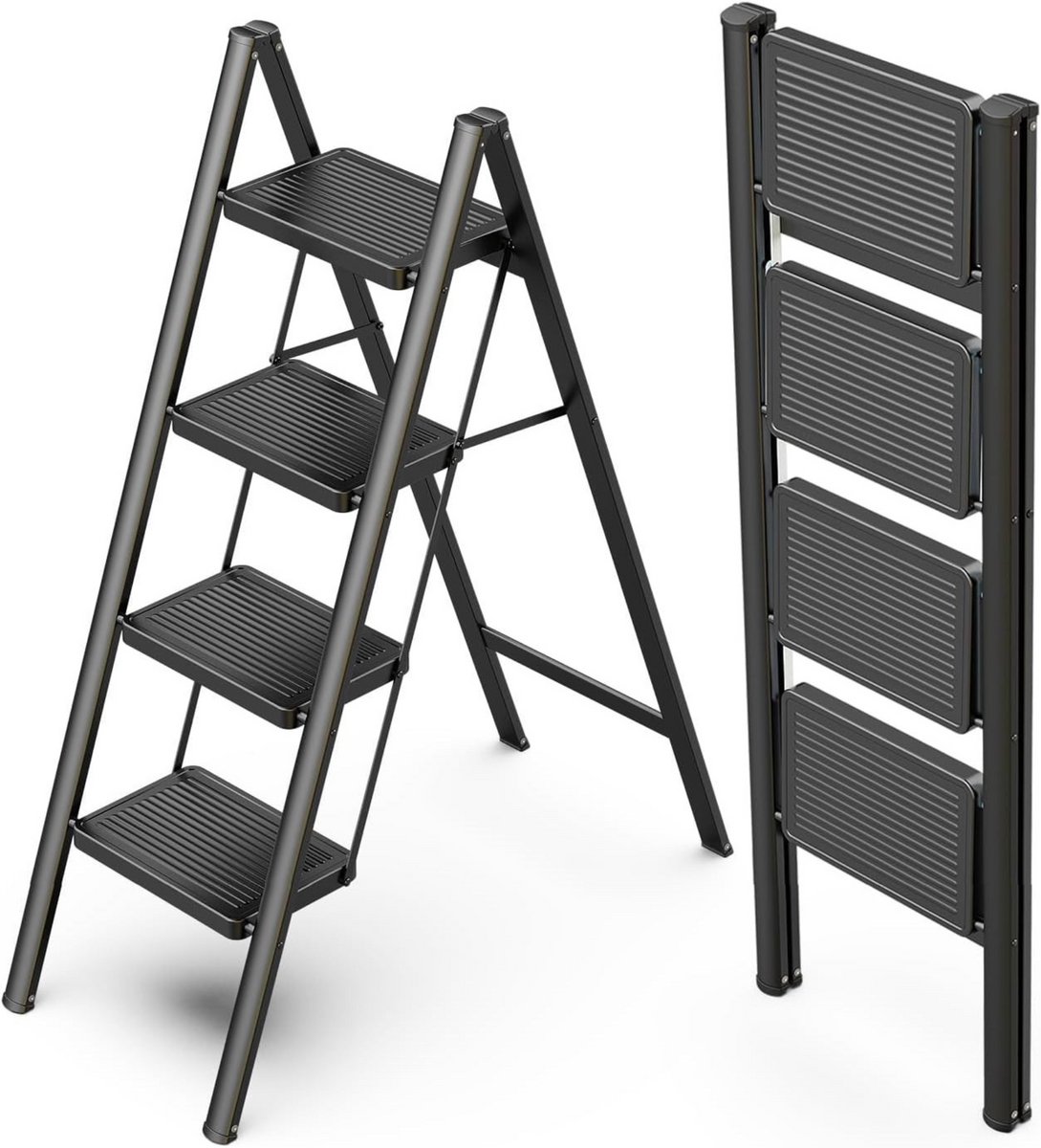 Moeve Keukentrap - Stevig en lichtgewicht, makkelijk op te bergen - Huishoudtrap inklapbaar - Opstapje - Trap ladder - Opstap krukje - 150 kg draagvermogen - Anti-slip - 4 treden - max. hoogte 108cm - Zwart