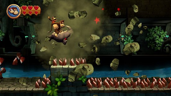 Donkey Kong et Diddy Kong chevauchent un dinosaure gris sur l'eau.