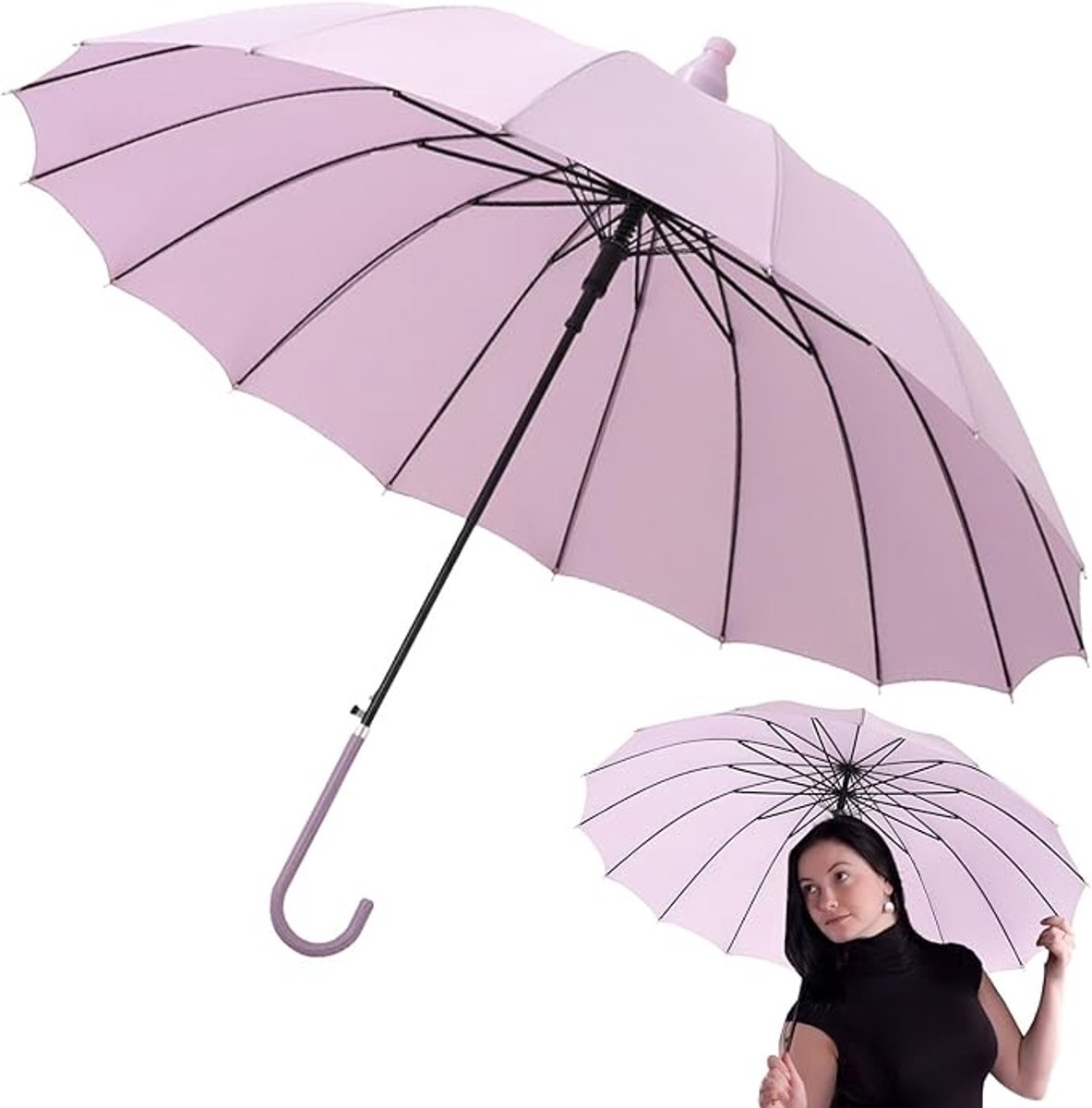 Automatische Regenparaplu – Auto-Open Paraplu met 16 Windbestendige Ribben | J-vormige Handgreep, 85 cm Lange Draagbare Waterdichte Paraplu voor Buitengebruik