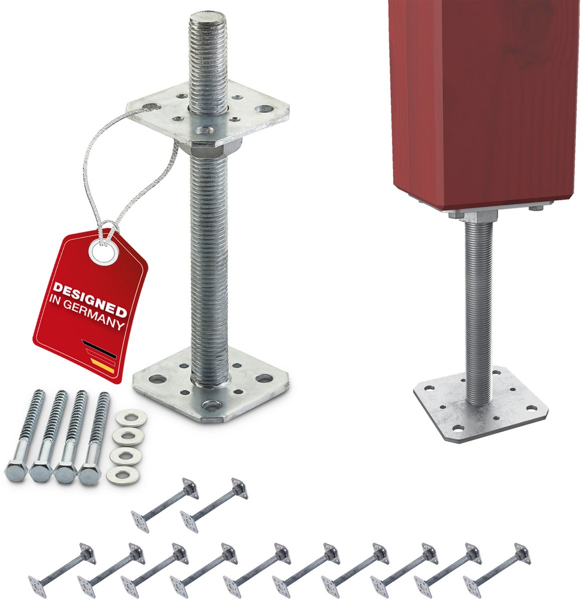 SOTECH set van 12 paaldragers 80 x 80 x 250 mm, M24-schroefdraad, thermisch verzinkt staal, in hoogte verstelbare steunvoet, schroefverbinding, weerbestendig