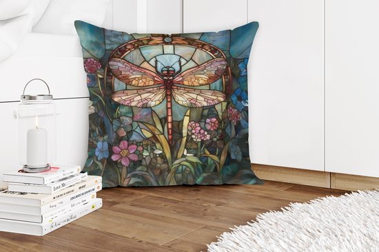 Coussins Coussins décoratifs - Oreillers de salon - 60x60 cm - Libellule - Mosaïque - Fleurs - Coloré