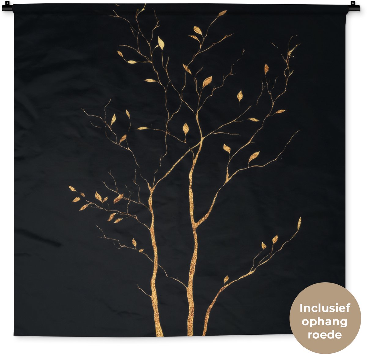 Wandkleed 120x120 cm - Wanddoek Takken - Blaadjes - Zwart - Wandtapijt - Wandkleden