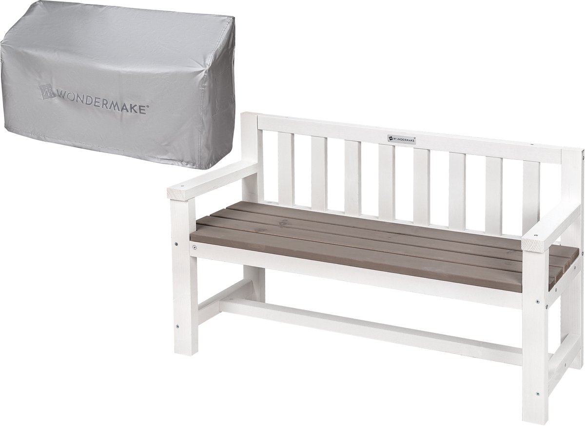 WONDERMAKE® Desig Kinderhouten Tuinbank, Weerbestendig met Stoffen Bekleding en Rugleuning, 2-zits Kinderbank, Houten Bank, Parkbank, Massieve Tuinbank, Natuurlijk Hout, Wit, Grijs, Antraciet