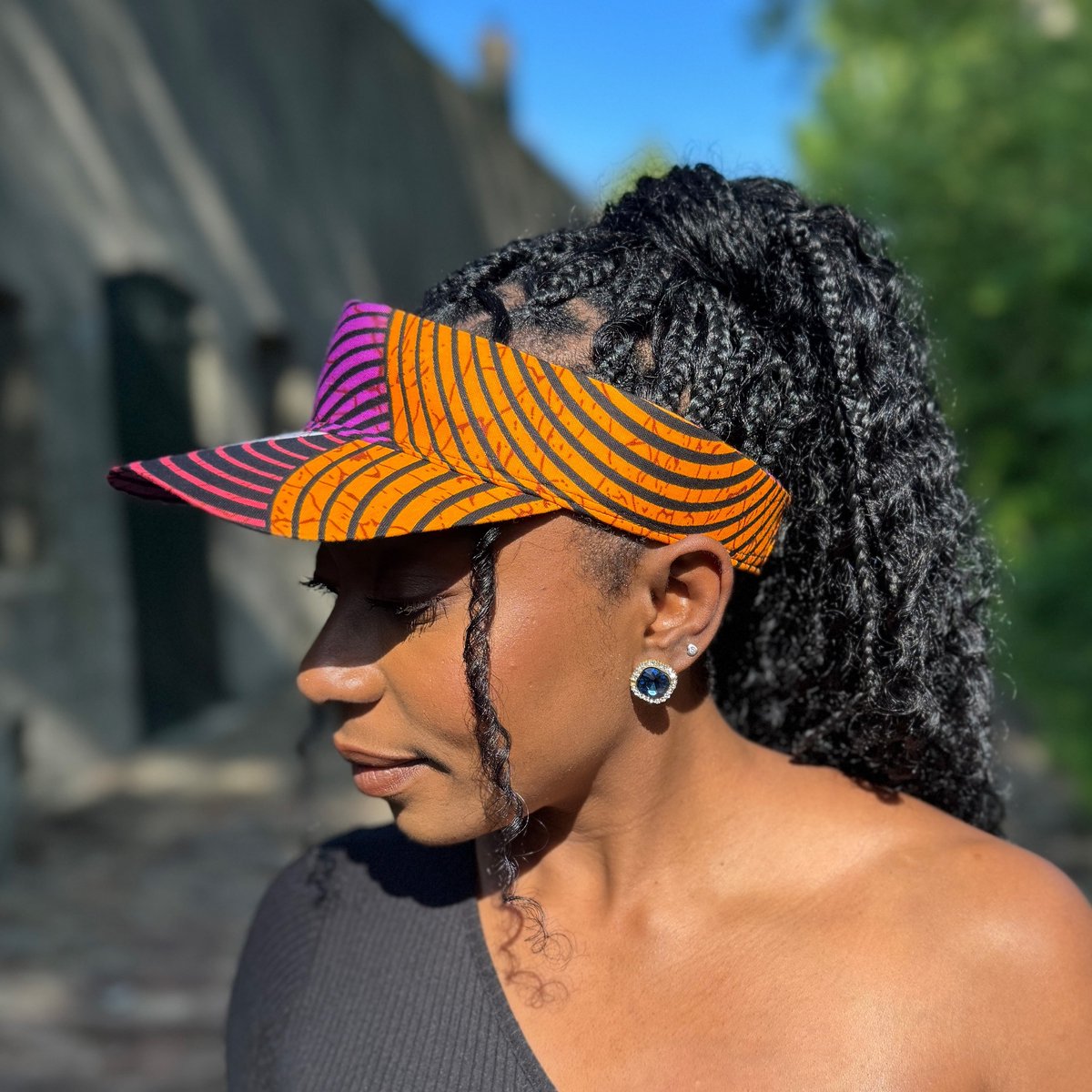 Zonneklep / Pet met Afrikaanse print - Zonnecap - Zomerpet - Sun visor - Oranje en paarse Concentric Circle Design