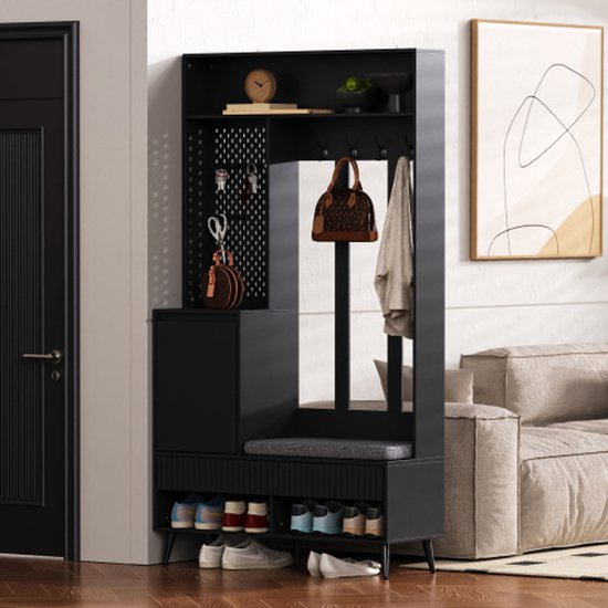 Garderobekast met bank, 3 deuren en kapstok - 120 x 23,5 x 191,5 - Spaanplaat - Kleur