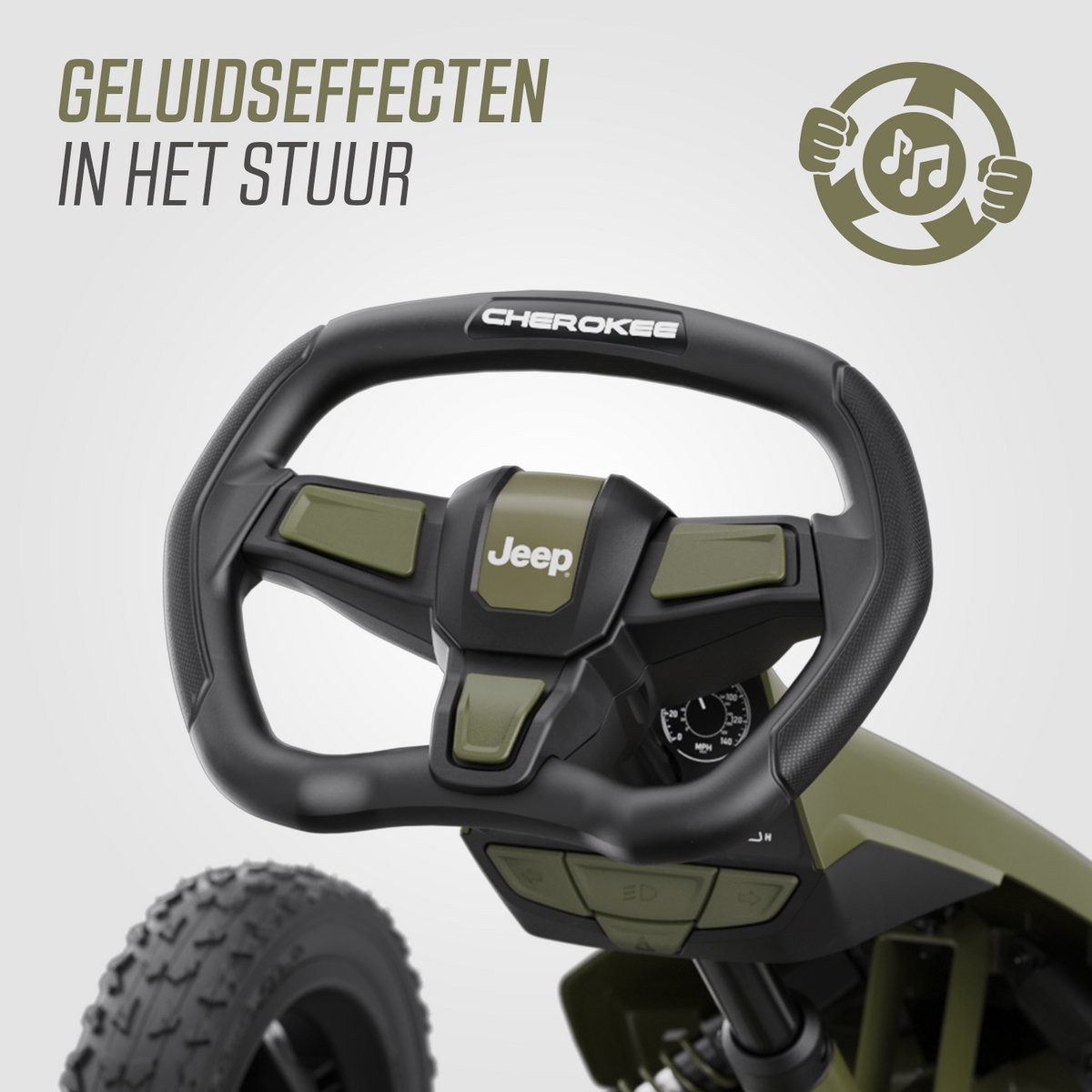 BERG Rally Jeep® Cherokee Skelter - Verstelbare stoel - Soundbox Race - LED Verlichting - 4+ Jaar - Groen — afbeelding 10