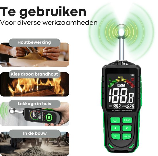 Membeli vochtmeter voor diverse werkzaamheden: houtbewerking, brandhout, lekkage en bouw.