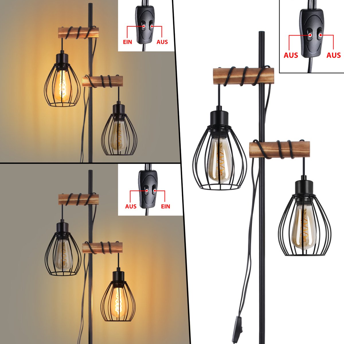 NETTLIFE Vloerlamp - E27, 2-lichts retro zwart thumbnail 3