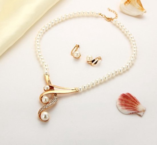 Parure de bijoux - Collier et Boucles d'oreilles - 2 pièces - Perle/Doré/Zircone