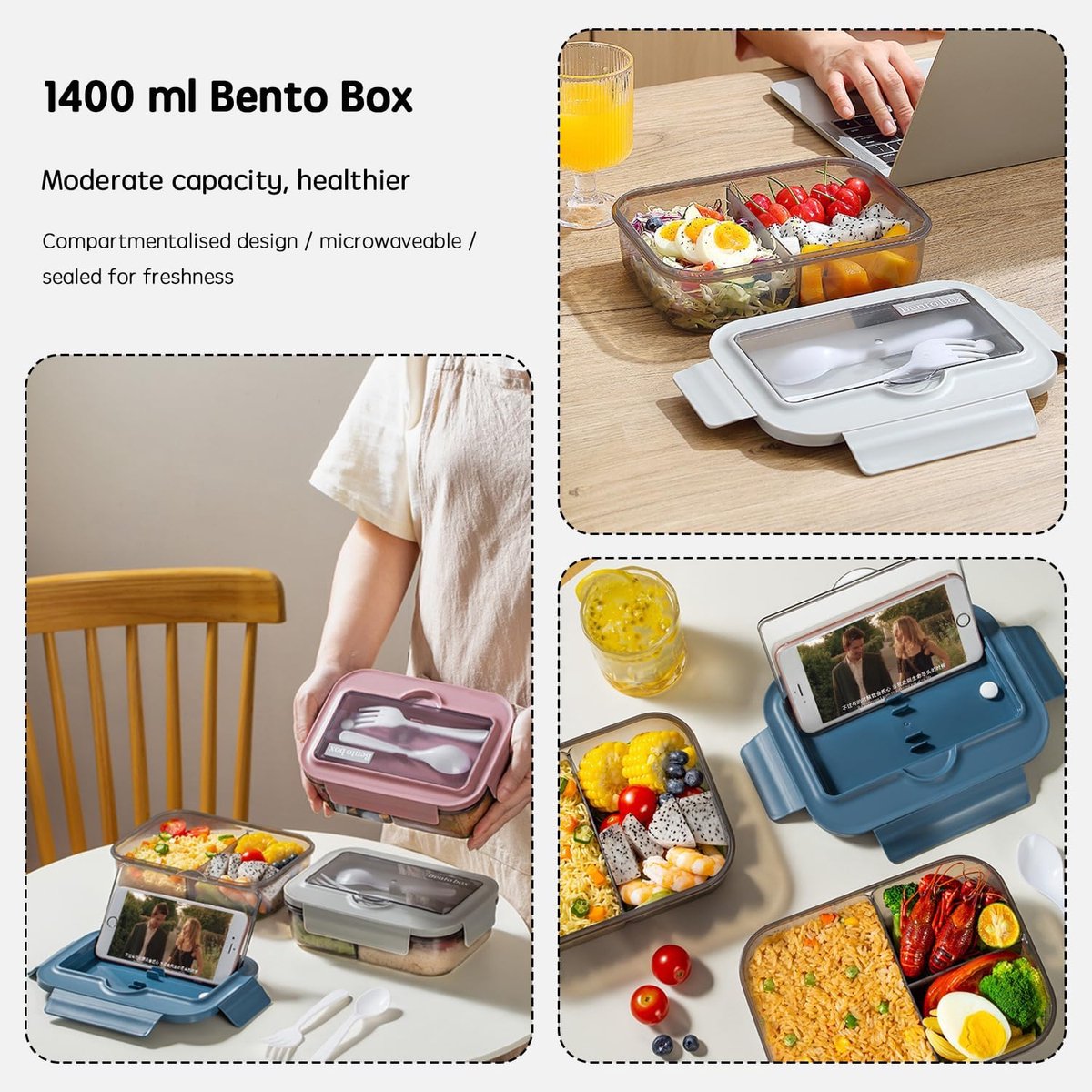 Lunchbox - Lunchbox volwassenen - Lunchboxen kinderen - Lunchbox met vakjes - Herbruikbare lunchbox - Boxcontainer met 2 compartimenten - Geïsoleerde - Afsluitbare - Draagbare - Kan in de magnetron worden verwarmd (blauw) — cadeau in Koken & Dineren - foto 6