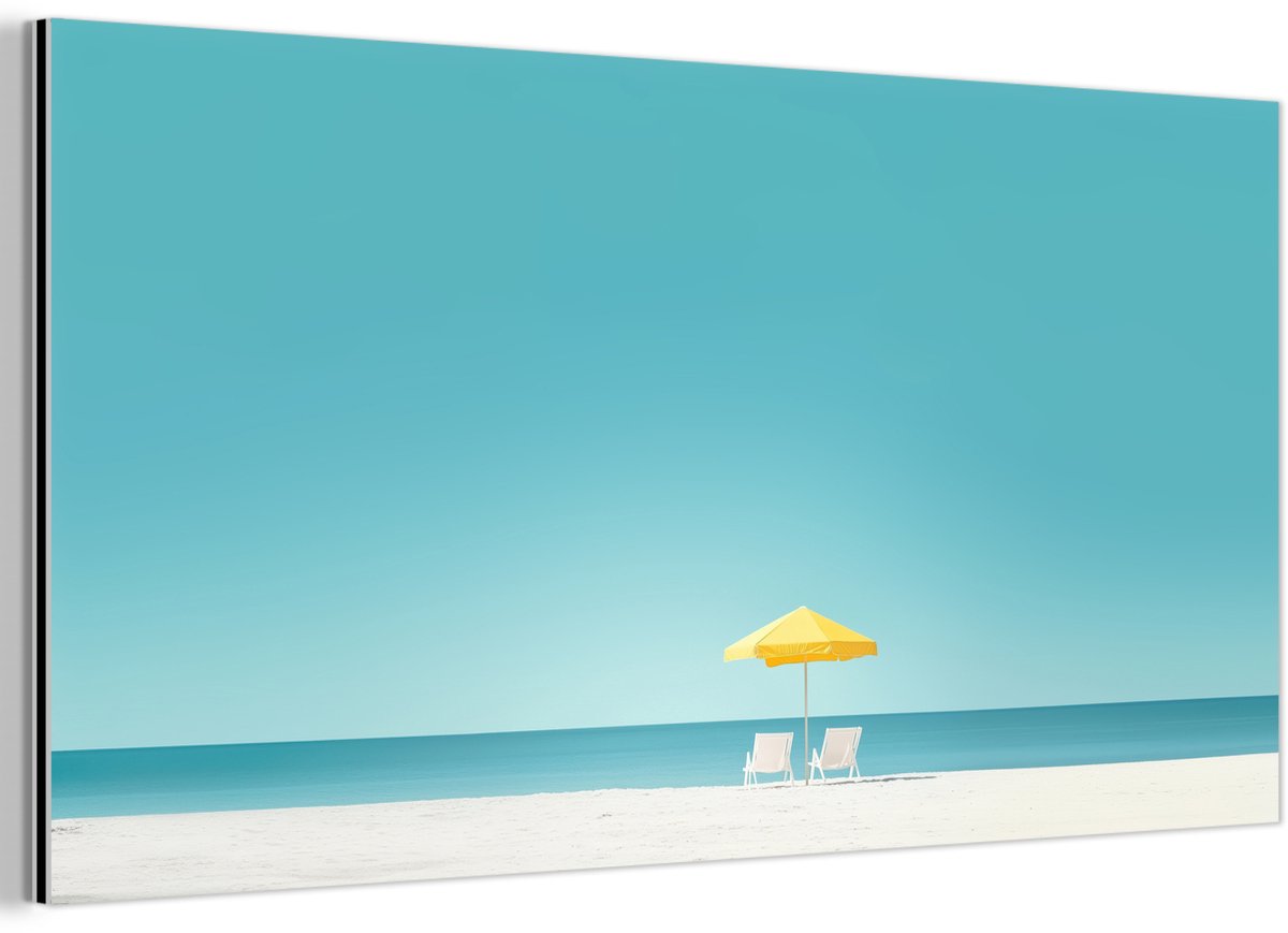 Aluminium schilderij 120x60 cm - Wanddecoratie metaal - Strand - Blauwe lucht - Geel - Par