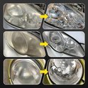 Drie sets koplampen voor en na de behandeling, met de na-kant helder.
