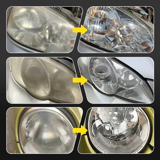 Drie sets koplampen voor en na de behandeling, met de na-kant helder.