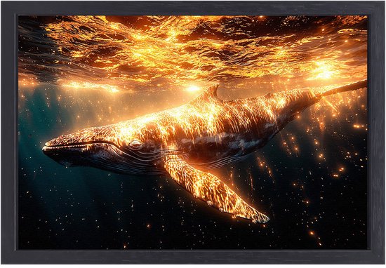 Walvis in gouden licht - Walvis wanddecoratie - Canvas schilderij dieren - Surrealistisch - Schilderij in baklijst - Woondecoratie - canvas met baklijst 100x75 cm