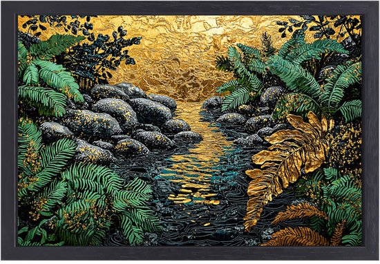 Gouden rivier en bladeren kunst - Natuur canvas schilderij - Wandkunst rivier - Art Deco - Ingelijste wanddecoratie - Wandprints - canvas met baklijst 60x40 cm