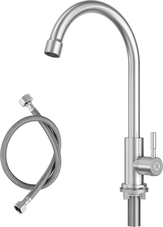 Robinet de Cuisine CECIPA Max - Robinet de cuisine à eau froide - Robinet de cuisine rotatif à 360° - Douchette à main - Acier inoxydable - Tuyau flexible