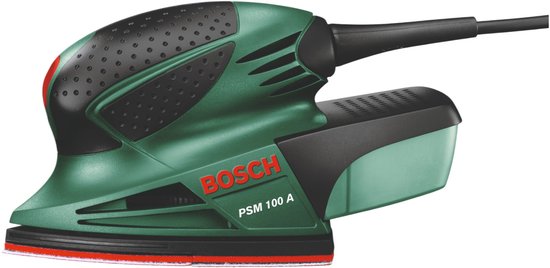 Groene en zwarte Bosch PSM 100 A multischuurmachine met een rood schuurblok.