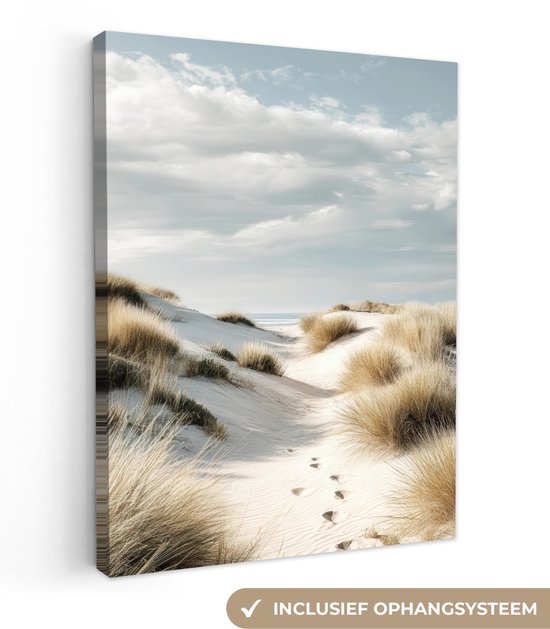 Canvas schilderij 120x160 cm - Exclusieve wanddecoratie Duinen - Gras - Sporen - Wolken - Muurdecoratie woonkamer - Slaapkamer decoratie - Kamer accessoires - Schilderijen op canvas