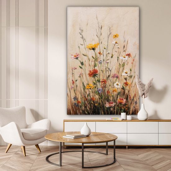 Canvas schilderij 120x180 cm - Exclusieve wanddecoratie Wilde bloemen - Penseelstreken - Rustgevend - Muurdecoratie woonkamer - Slaapkamer decoratie - Kamer accessoires - Schilderijen op canvas