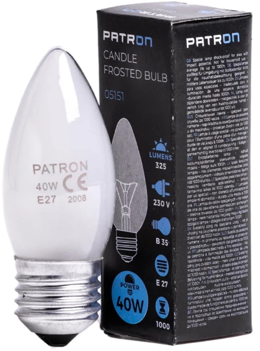 Patron E27 Kaars Gloeilamp | 40W 2700K 325Lm Mat | Dimbaar