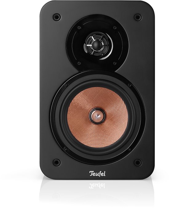 Zwarte Teufel boekenplankspeaker met koperkleurige woofer en tweeter.