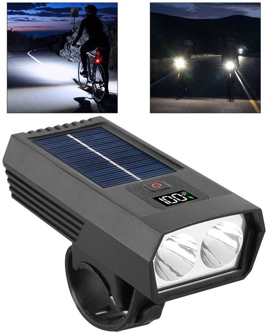 Solar & USB Fietslamp - 1000lm Hoge Helderheid - Anti-Verblindend LED Licht - Met Batterij Indicator - IPX5 Waterdicht - Zwart (10x4.5x2.5cm) — afbeelding 3