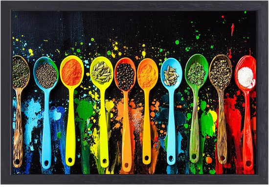 Cuillères et épices colorées - Toile d'art épices - Peinture sur toile cuillères - Pop art - Décoration murale sur toile avec châssis flottant - Décoration murale chambre - Toile avec châssis flottant 100x75 cm