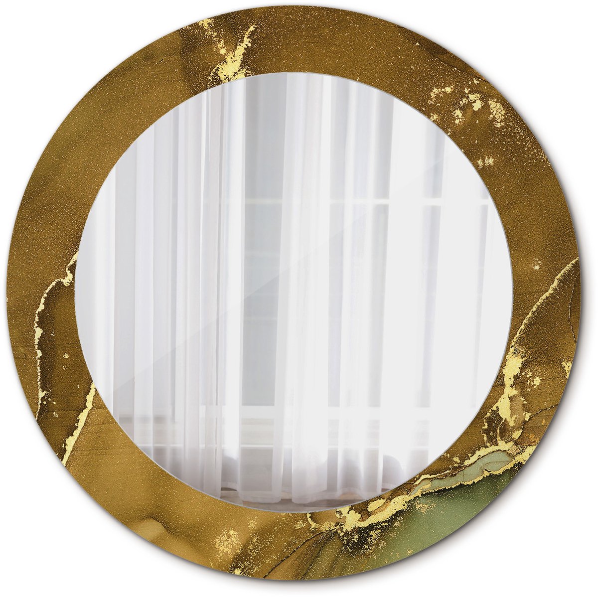 Tulup Spiegel - Ronde vorm Spiegel - op gehard Glas - Metallic wervelingen - Diameter: 60 cm - Spiegel met decoratieve opdruk - Woonkamerspiegel - Inloopkastspiegel - Hal - Gouden - Wanddecoratie Spiegel - Make-up Spiegel - Montageset