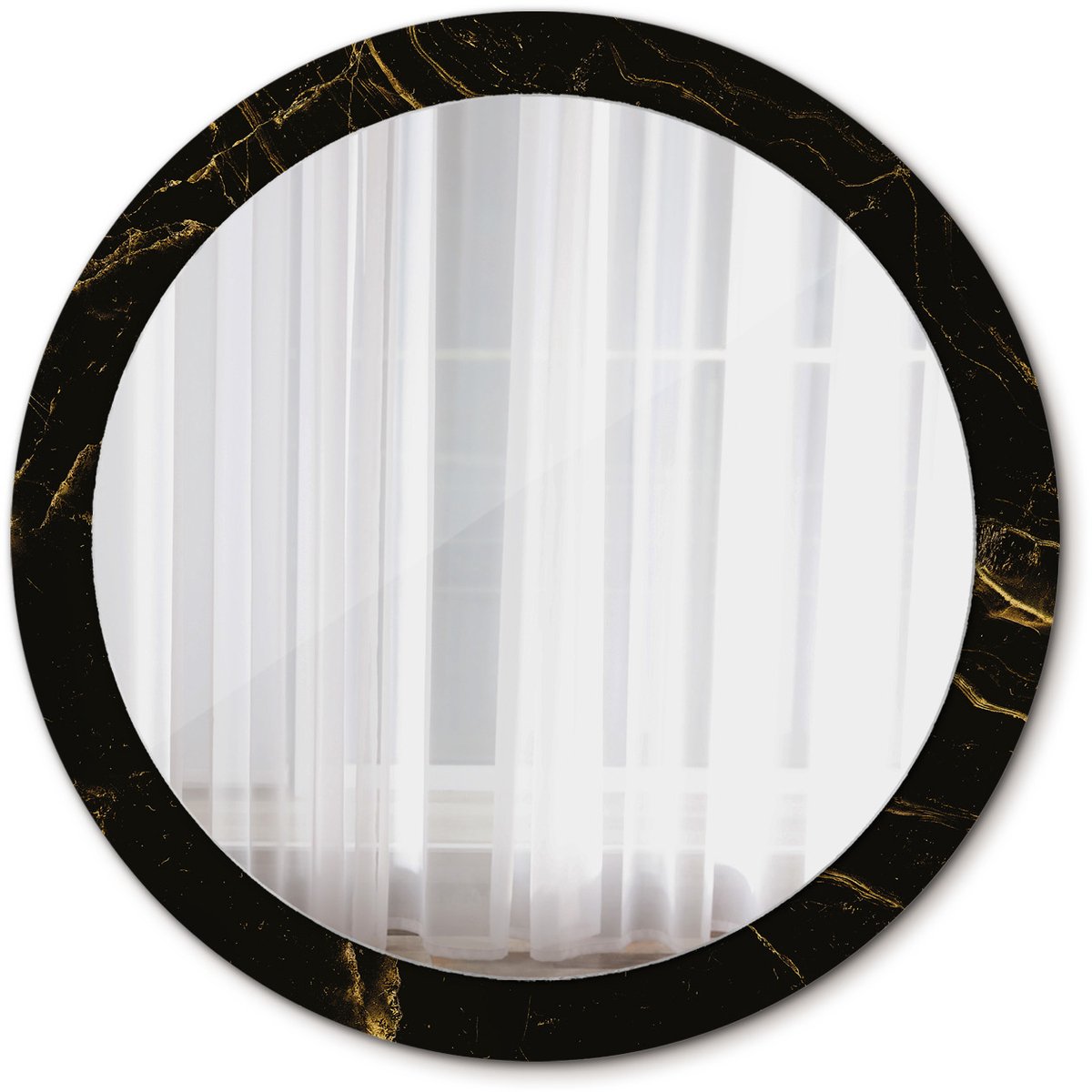 Tulup Spiegel - Spiegel op gehard Glas - Ronde Spiegel - Zwart marmerlook - Diameter: 90 cm - Stijlvolle spiegel met grafisch motief - Decor voor woonkamer - Spiegel voor hal of entree - Zwarte - Wanddecoratie Spiegel - Wandmontage