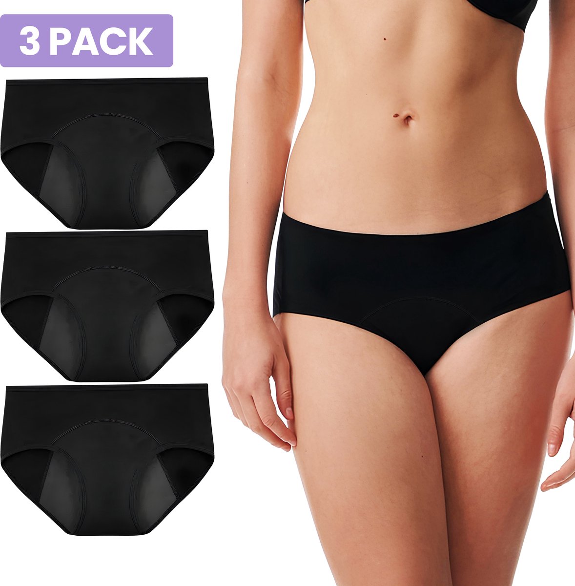 Menstruatie Slip - 4 Laags - Maat M - Zwart - 3 Pack - Menstruatie Ondergoed - Period Underwear - Dames Ondergoed - Incontinentie Ondergoed - Wasbaar - Herbruikbare Inlegkruisjes - Tampons - Maandverband - Incontinentiebroekjes - Menstruatiecup