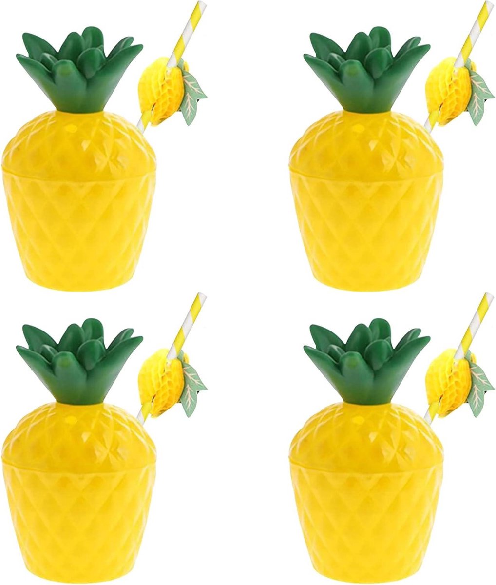 JGS Premium - Ananas Cups 4 stuks met Hawaiiaanse Fruitstro Rietjes - Voor Strand Thema Party