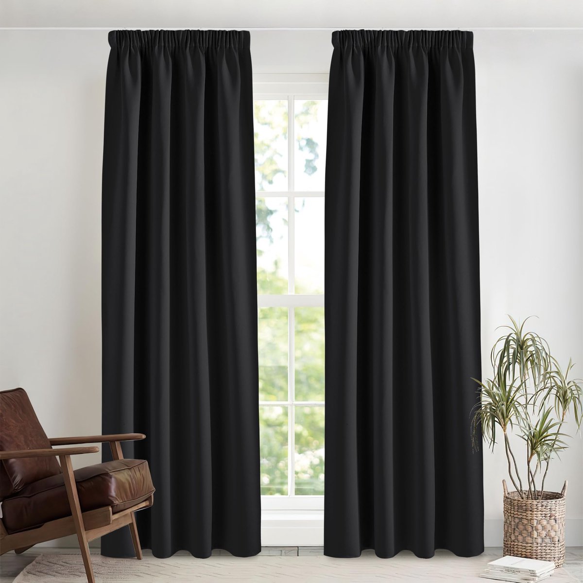 Ibenzoa® Verduisterende zwarte gordijnset van 2 stuks met plooiband en hittebescherming, ideaal voor slaapkamer