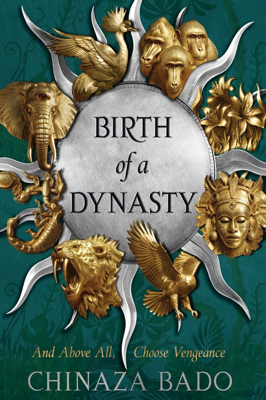 Boekomslag 'Birth of a Dynasty' met gouden dieren en een masker op een groene achtergrond. Tekst: 'BIRTH of a DYNASTY'.