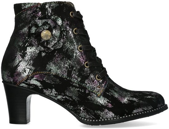 Bottine noire avec motif feuillage multicolore, lacets, fermeture éclair et détail fleur.