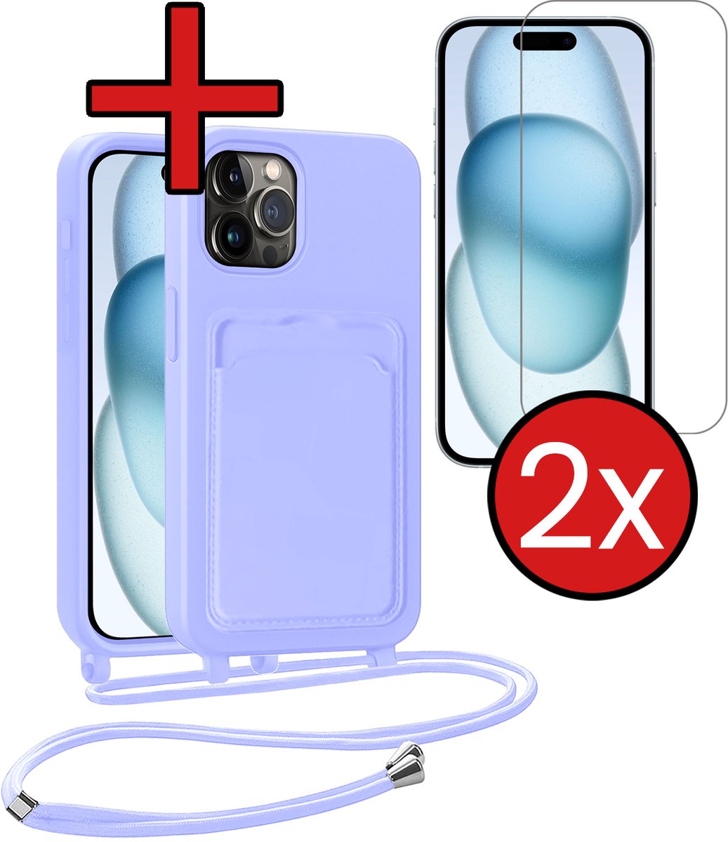Hoesje Geschikt voor iPhone 14 Pro Hoesje Met Telefoonkoord en Pasjeshouder Met 2x Screenprotector Siliconen - Hoes Geschikt voor iPhone 14 Pro Hoesje Met Kaarthouder Case - Lila