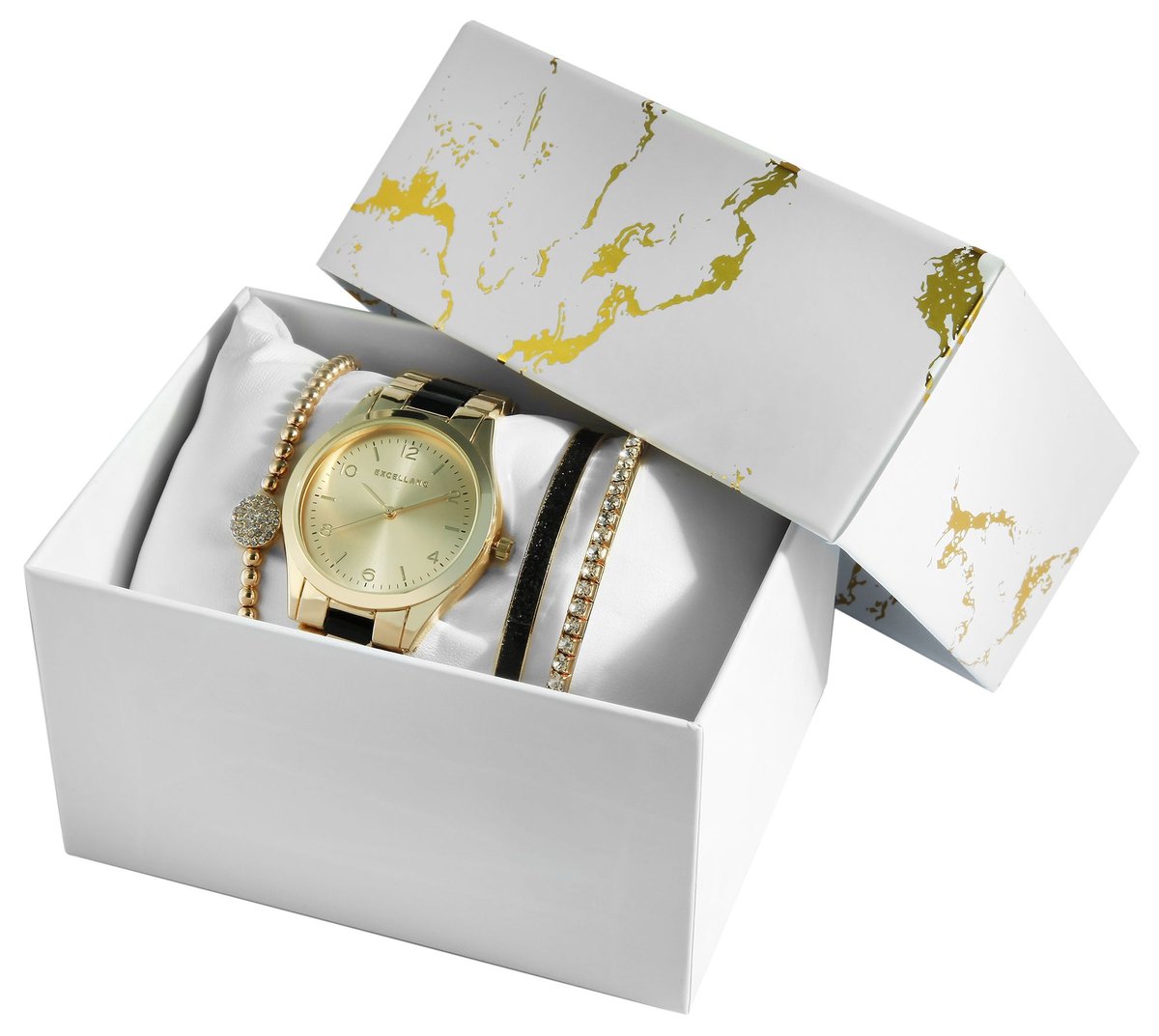Excellanc dameshorloge geschenkset goud-zwart cadeauset horloge, drie armbanden