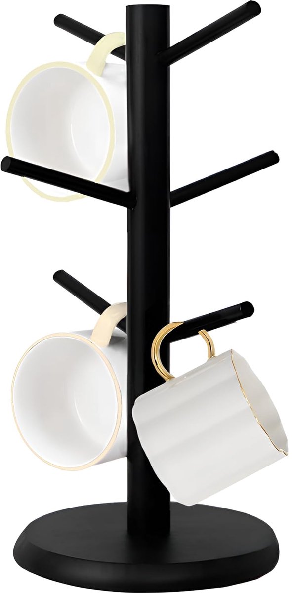 Houten bekerhouder - koffiekophouder met 6 haken - zwart - organizer