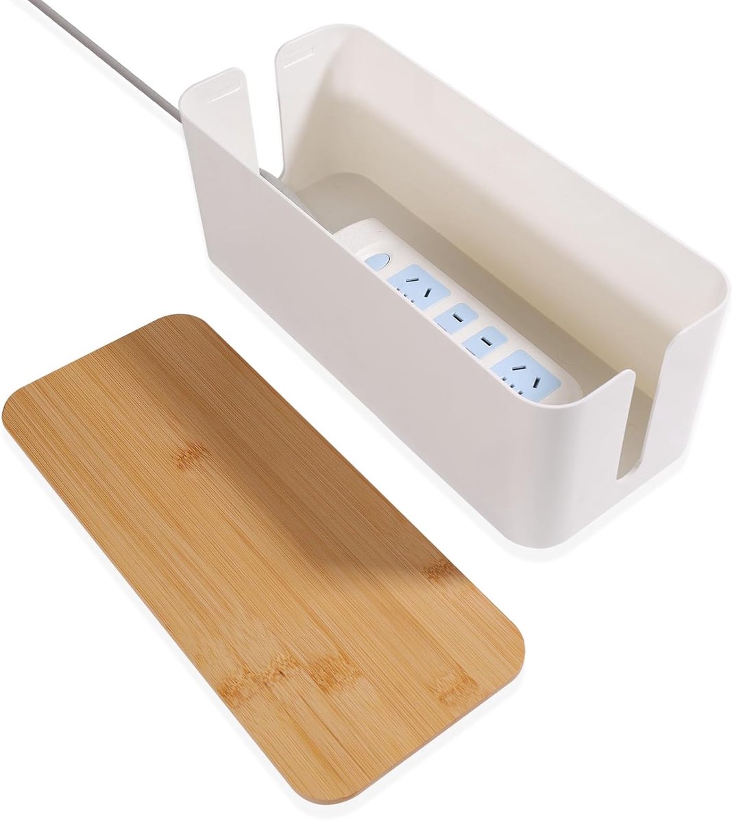 Kabelbox kabelorganizer - kabelmanagement voor netheid - wit met bamboedeksel