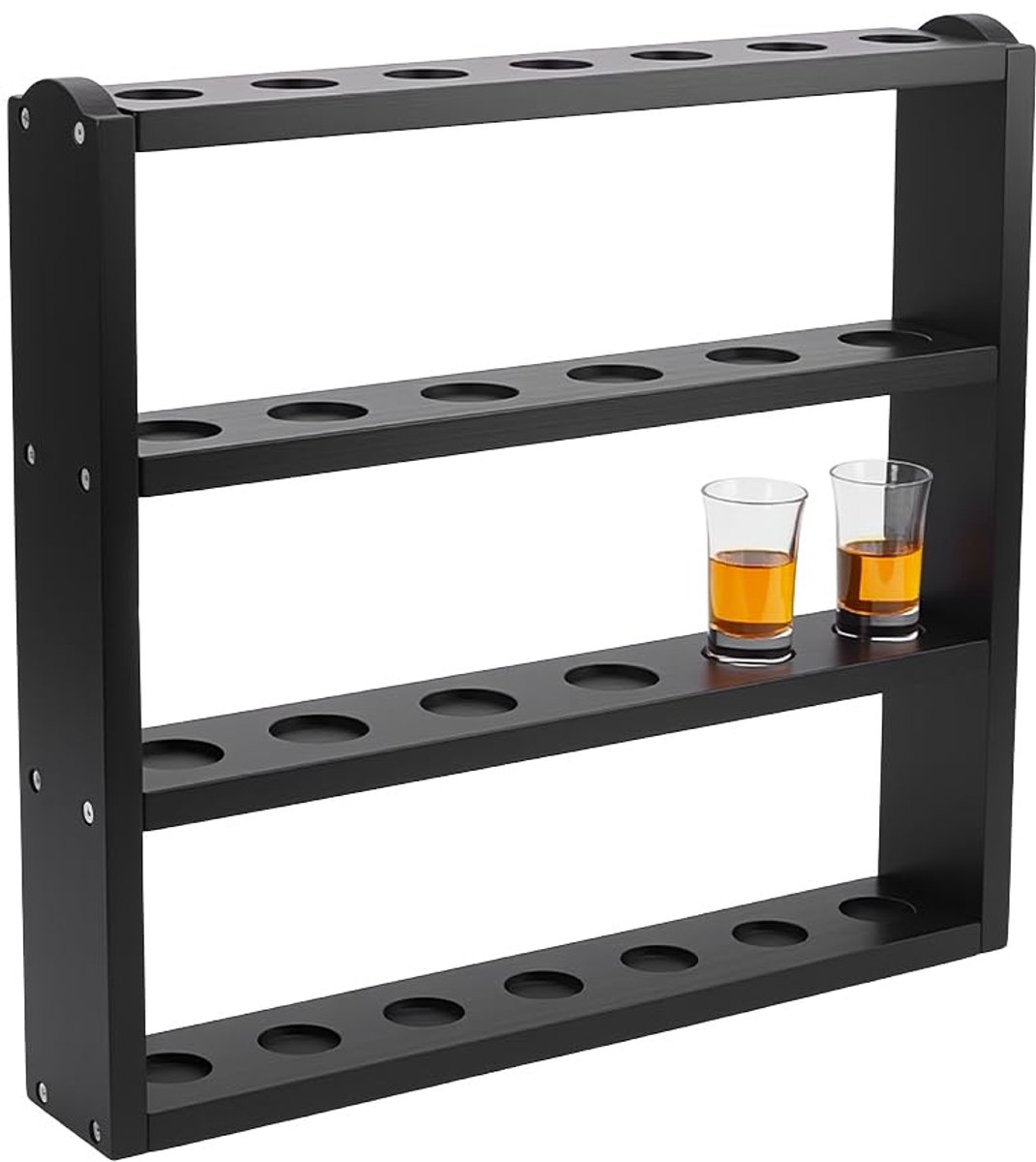 TRANKIELO® – Zwarte Wijnglashouder voor Bars en Thuis, Grenenhouten Vierlaags Barstandaard voor Shot- en Wijnglazen, Maat 43 x 40 x 7,5 cm