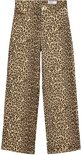 Damesjeans met luipaardprint, hoge taille en wijde pijpen, staand.