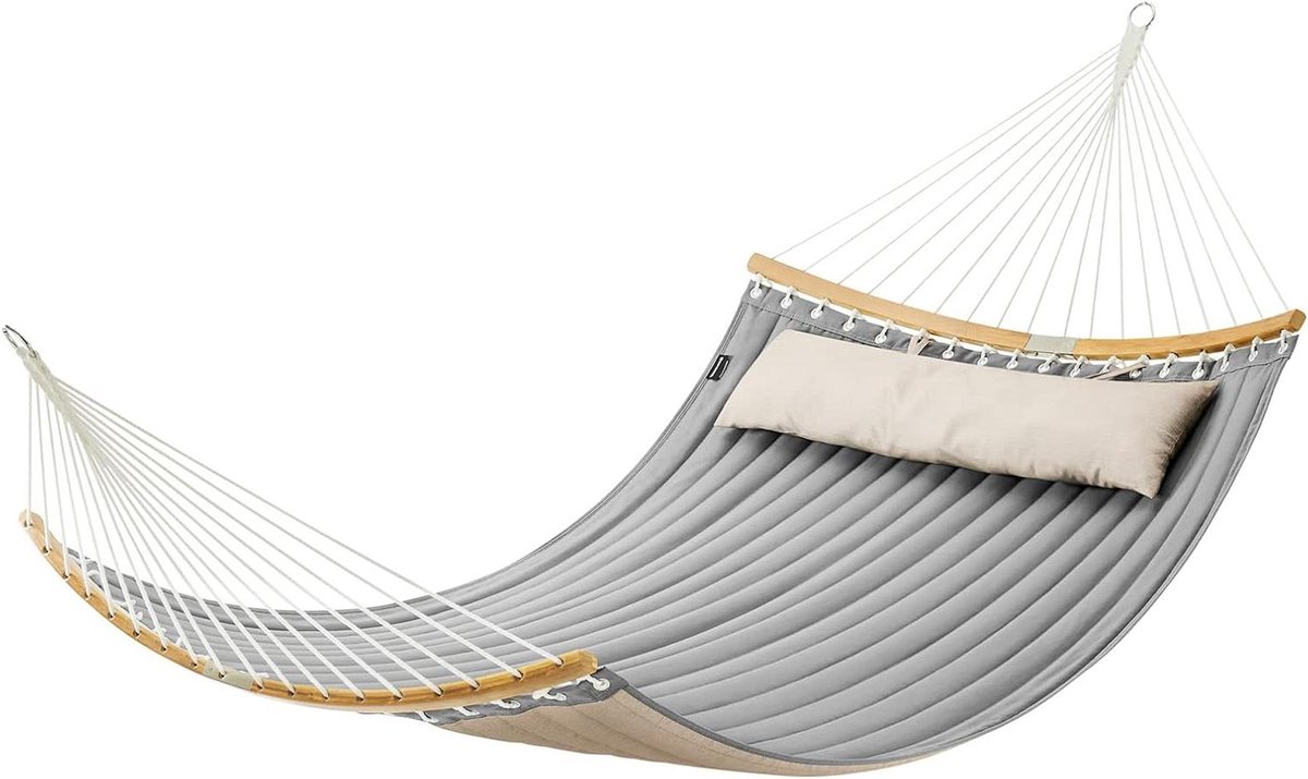 "Hammock for 2 Persons with Divisible Curved Bamboo Spreader Bars, Cushion, Oxford Fabric 200 x 140 cm, Load Capacity 225 kg - Brown Grey GDC34CG"