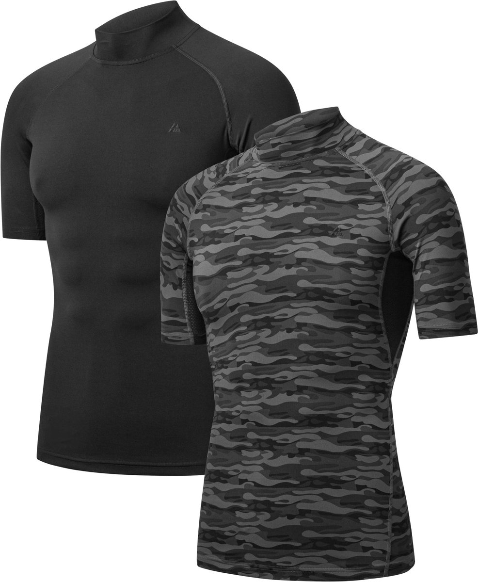 DANISH ENDURANCE Korte Mouw Compressie Top Heren - Onderlaag Shirt - Ademend Mesh - 2-Pack - Zwart/Grijs Camo - Maat M