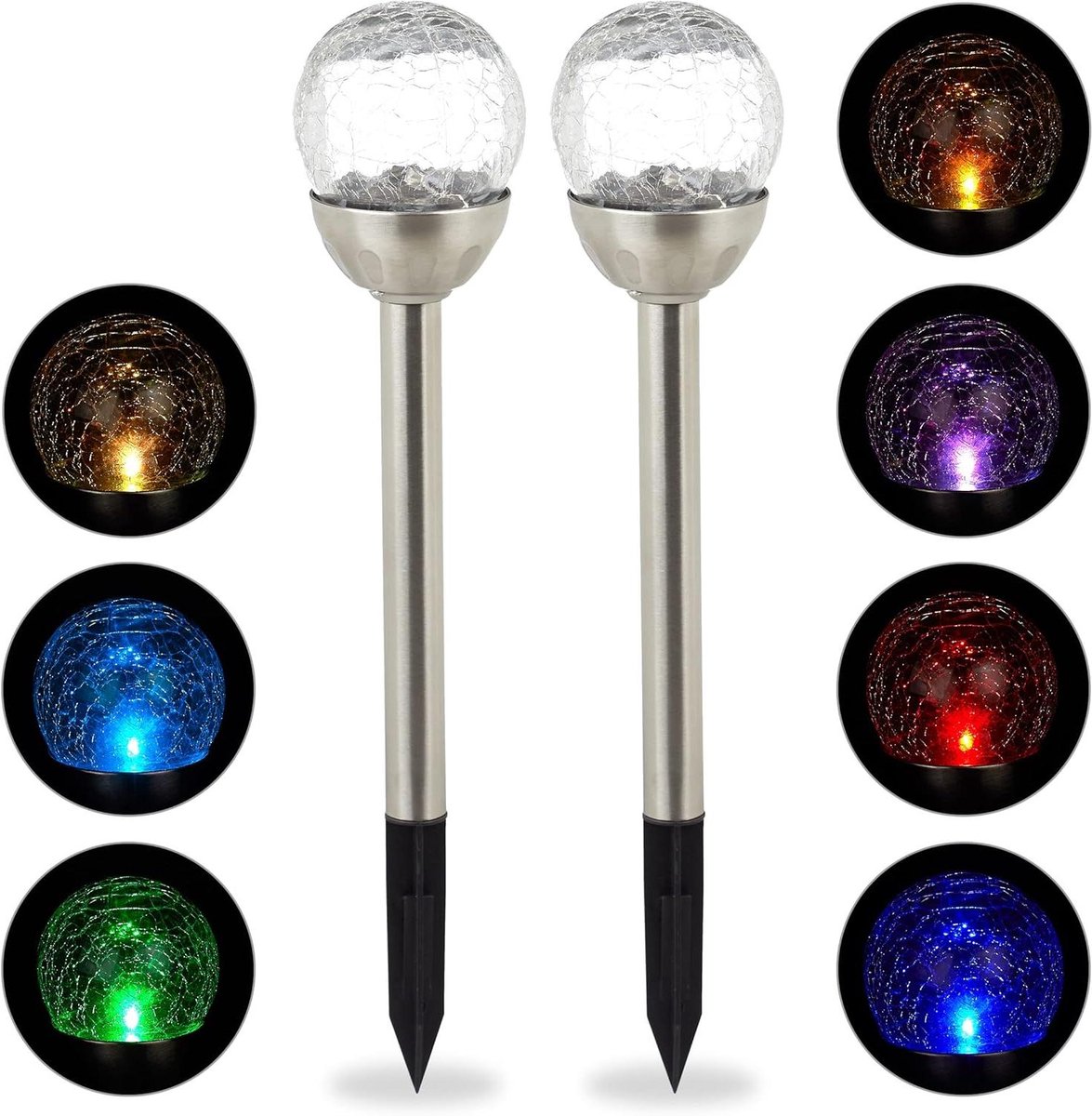 Lichtbollen set van 2 buitenlampen met kleurverandering op zonne-energie, breukglas look, inclusief grondpen - zilver