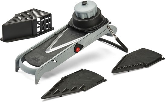 Grijze mandoline snijder met draaiknop, rode knop en een zilveren snijblad.