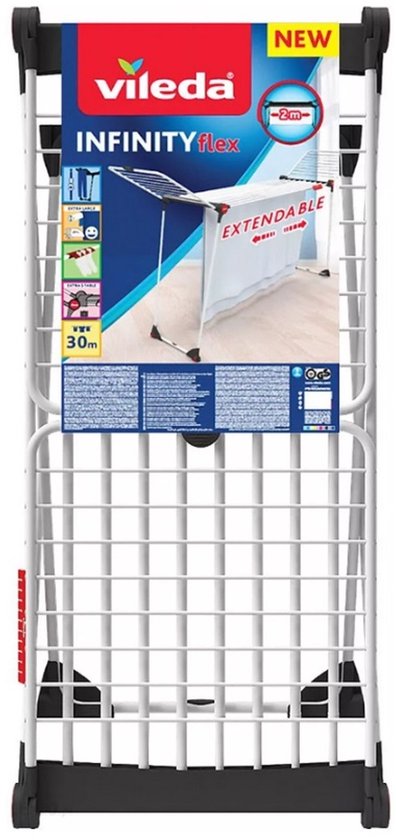 Étendage Vileda Infinity Flex, nouveau, blanc et argenté, avec accents rouges, pliable.